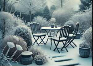 Schneebedeckte Gartenmöbel im Winter