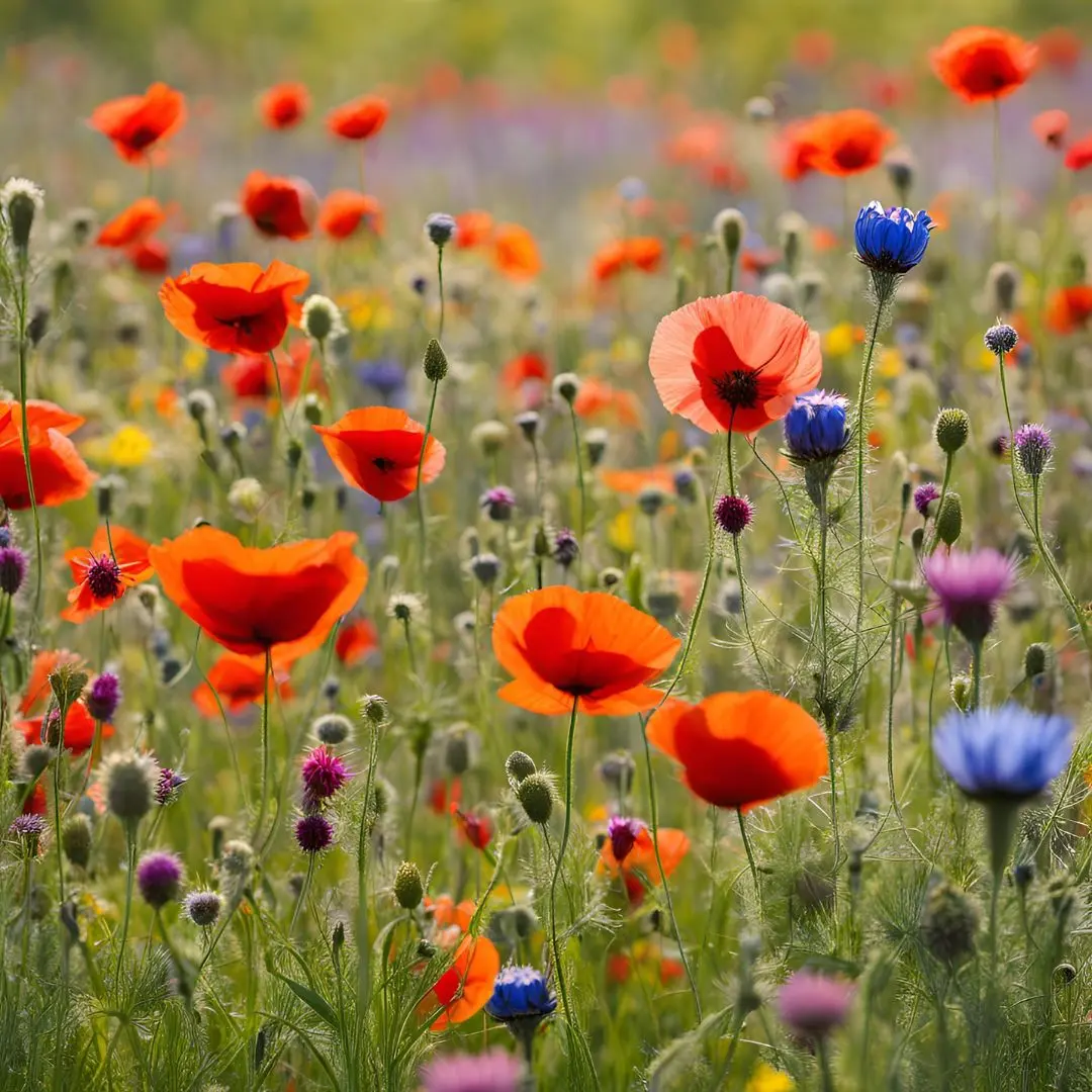 Blumenwiese mit Klatschmohn (Papaver rhoeas) Wilde Möhre (Daucus carota) Wiesensalbei (Salvia pratensis) Hornklee (Lotus corniculatus) Kornblume (Centaurea cyanus) Rotklee (Trifolium pratense)